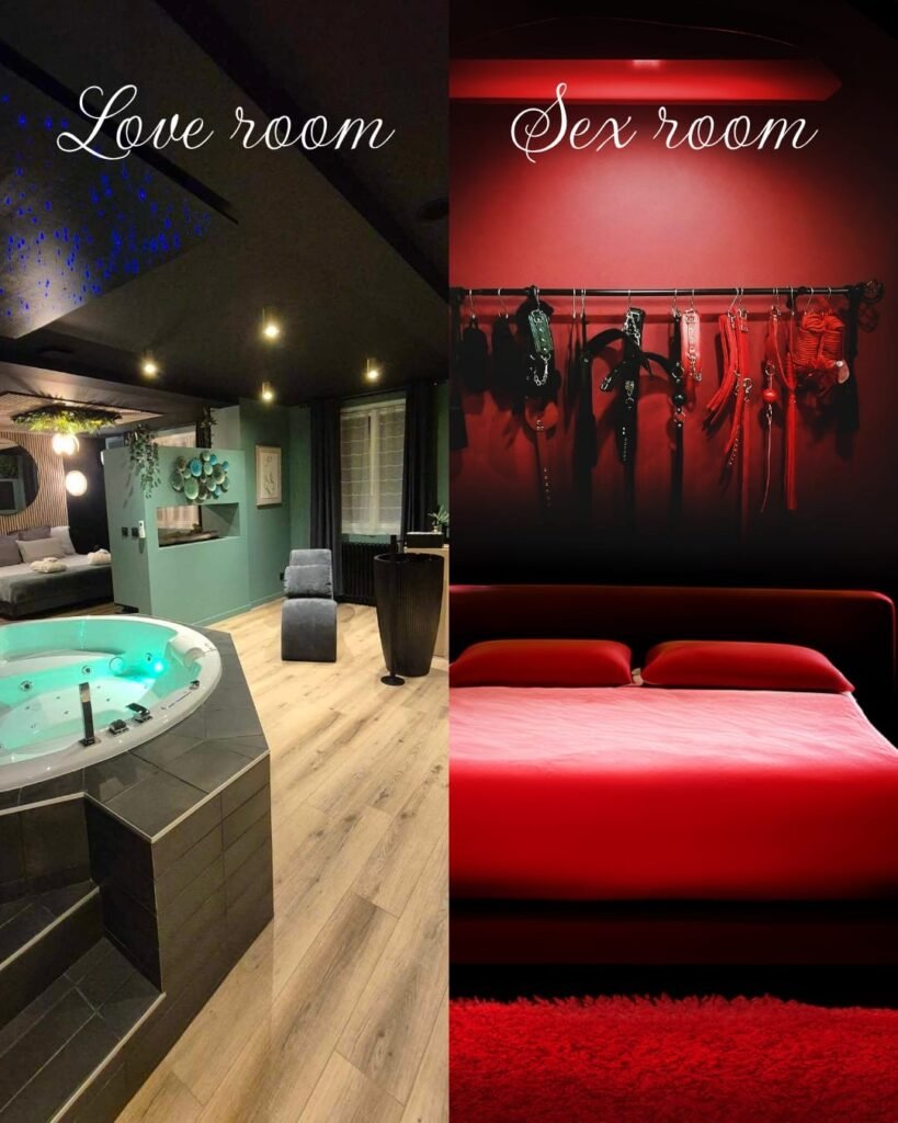 Comparaison love room vs sex room : à gauche, une suite romantique avec jacuzzi privatif et ambiance cocooning ; à droite, une chambre coquine à l'ambiance érotique assumée.