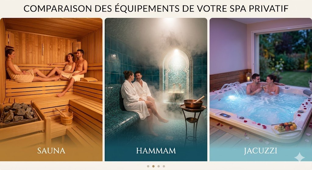 Comparatif entre un saune, hammam et un jacuzzi pour bien choisir sa suite pour une nuit. Toi & moi gîtes.